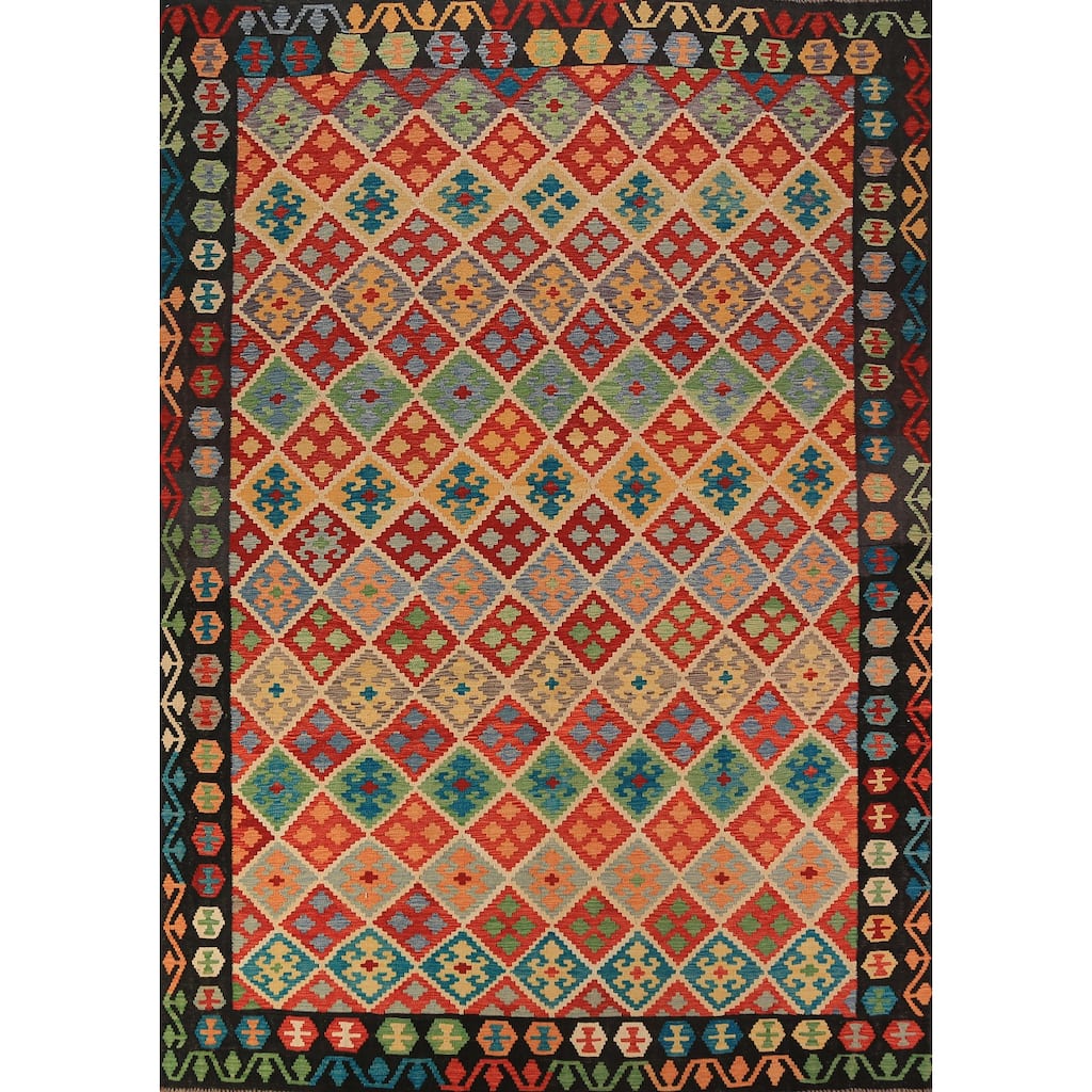 Geometric Trellis Kilim Reversible Area Rug Hand-Woven Wool Carpet - 8'4"x 11'4"