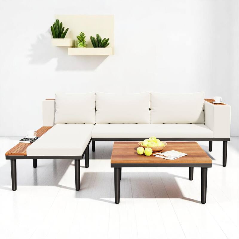 3-Piece Outdoor Sofa Set with Acacia Wood Frame, Side Table & Coffee Table, Weather-Resistant Cushions, Patio Conversation Set