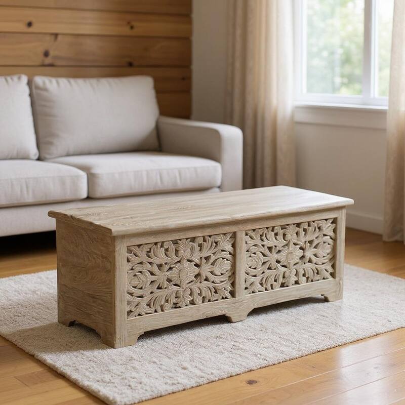 HomeRoots 52" Gray Distressed Solid Wood Carved Floral Storage Ottoman - Grey - 52 in. x 18 in. x 16 in.