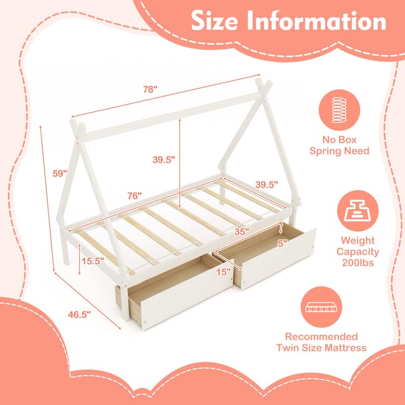 Kids Twin Size Wooden House-Shaped Platform Bed with Storage Drawers for Boys and Girls