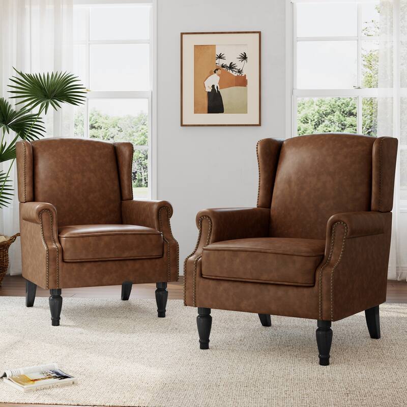 2 Set Modern Vegan Leather Wing Back Armchair