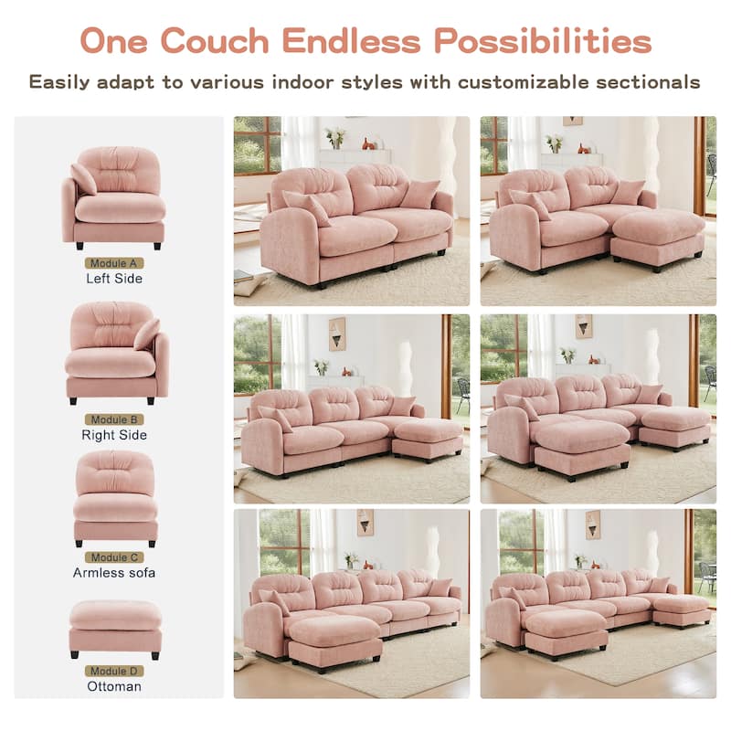 Loveseat Sofa Recliner Sofa, Sectional L-Shaped Couch with Ottoman, Chenille Chaise Lounge Sofa with Tufted Backrest