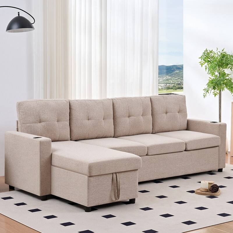 Mixoy 101"Linen 4-Seater Modular Sofa with Storage Chaise,Sleeper Sofa with Pull-out Bed