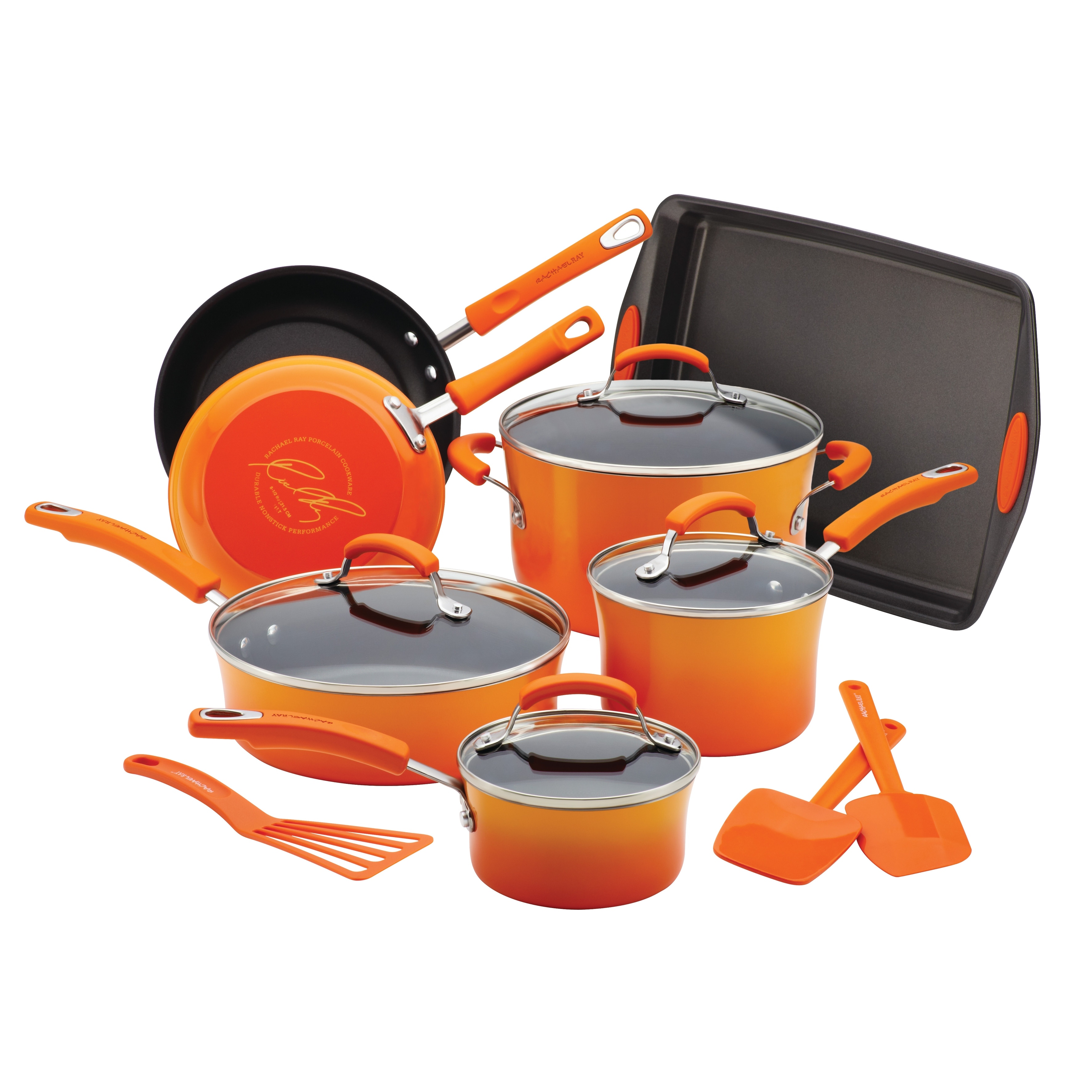 Rachael Ray Classic Brights Porcelain Enamel Nonstick Cookware Set with Bakeware and Utensils 14 Piece Gradient Orange Bed Bath Beyond 12418260