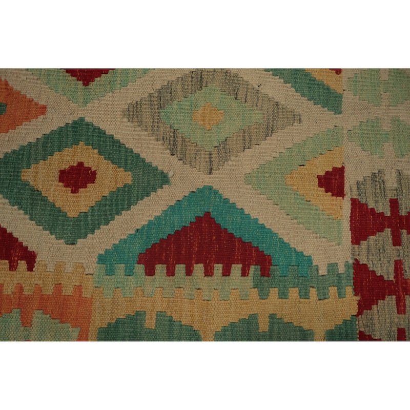 Hand Woven Oriental 100% Wool Carpet Southwestern Tribal Beige & Ivories Kilim Area Rug - 9' 7'' X 6' 9''