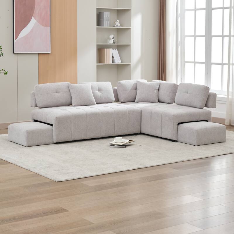 91.73" L-Shaped 4-Seat Sectional Sofa with 2 Hidden Stools, 2 Removable Lumbar Cushions, and Durable Chenille Fabric