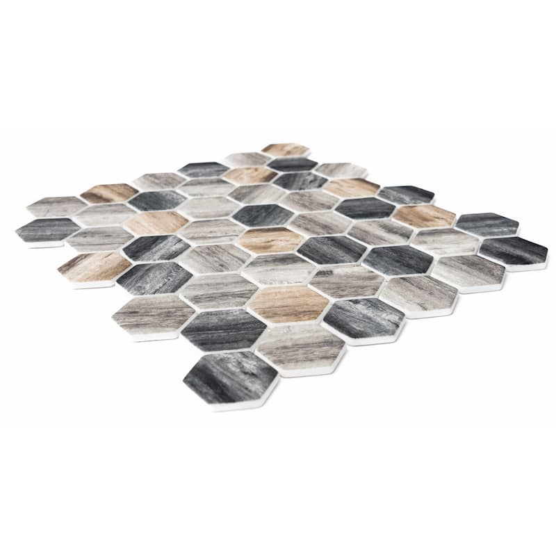 Recycled 1.88x1.88 Greige Wood Look Glass Hexagon Mosaic Tile - Wall & Backsplash