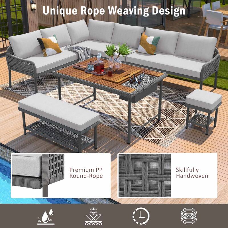 6-Piece Rope L-Shaped Patio Sectional Set For 9