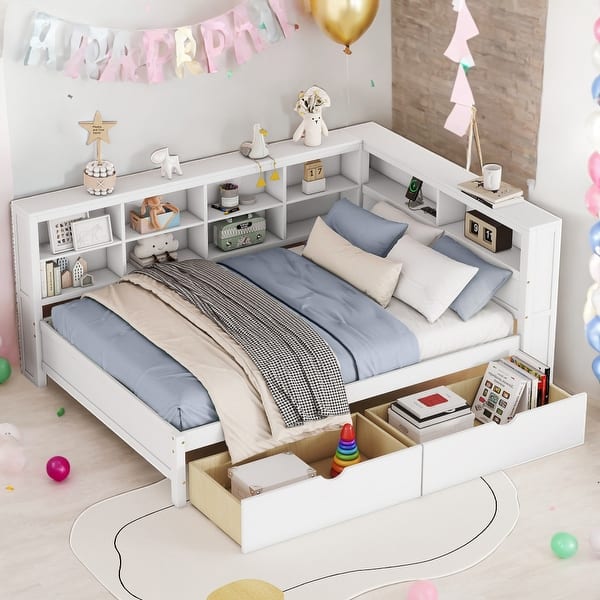 slide 2 of 9, Wooden Full Size DayBed with 2 Drawers and USB Charging Ports, White White