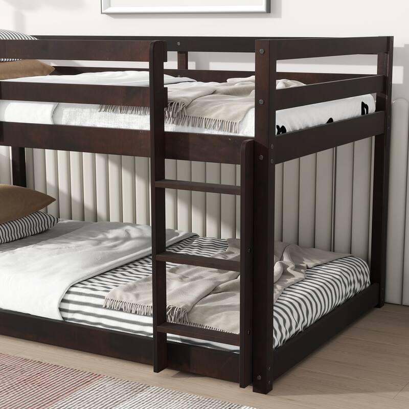 Roomfitters Solid Rubber Wood Twin over Twin Floor Bunk Bed with Ladder, Reinforced Slat Platforms, Low Height Design