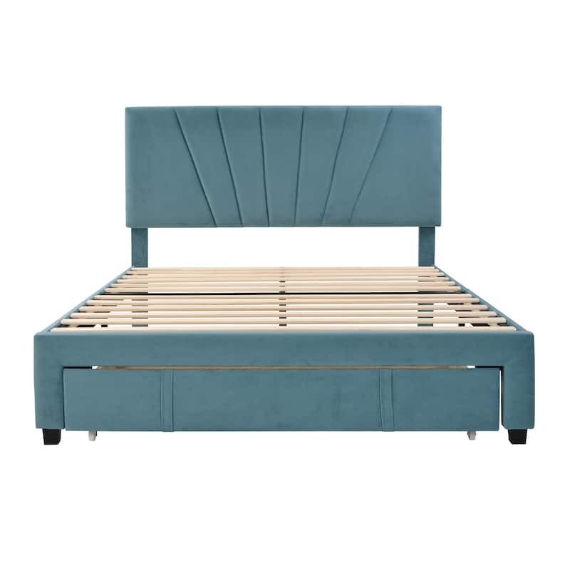 Queen Size Velvet Upholstered Platform Bed featuring a Spacious Drawer
