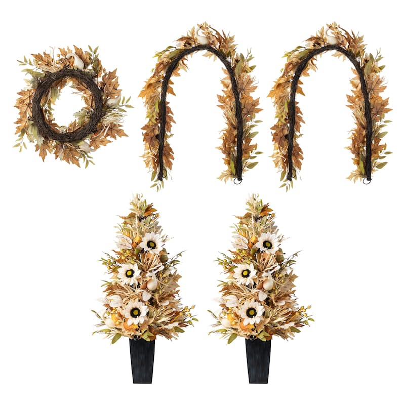 Glitzhome 5-Piece Fall Multi-Colored Sorghum Sunflower Pumpkin Wreath & Garland & Porch Tree Set