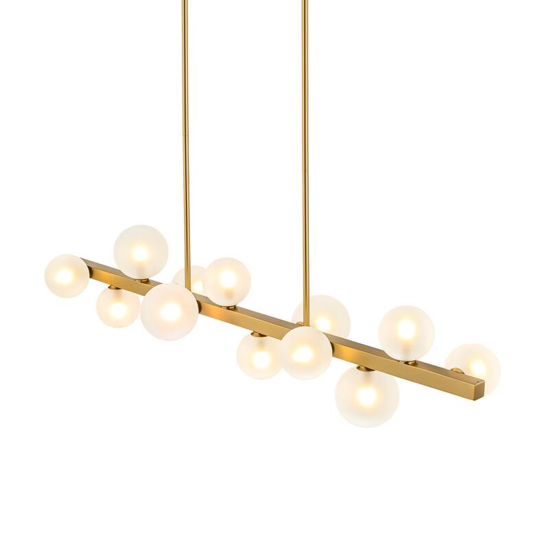 12-Light Modern Linear Cluster Chandelier with Frosted Glass Globes, Mid-Century Modern Pendant Light