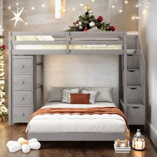 Twin Over Full Bunk Bed with 3-layer Shelves, Drawers and Storage Stairs,
