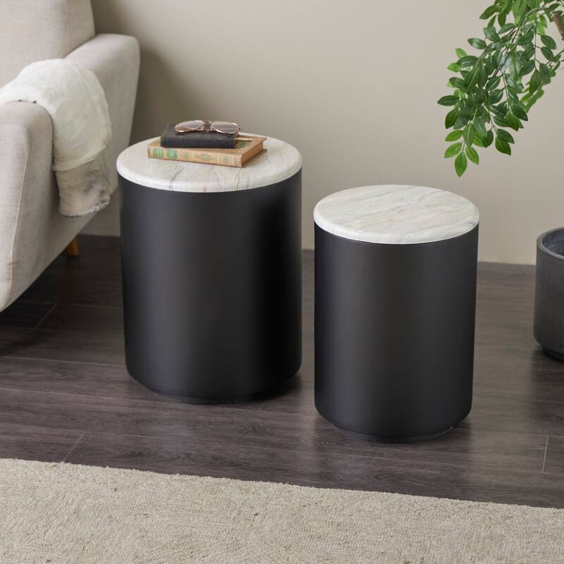 Black Metal Pedestal Coffee Table with Faux White Marble Top