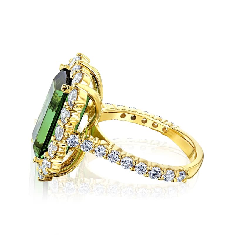 Kobelli 9.66 Carats Green Tourmaline & White Diamond 14k Solid Gold Elongated Emerald-cut Rococo Halo Elizabeth Ring