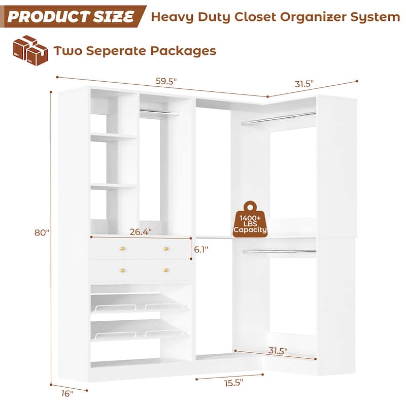 Set of 2/ 3 Coner Closet System with Shoe Racks and Drawers, Freestanding Closet Organizer with Hanging Rods and Shelves