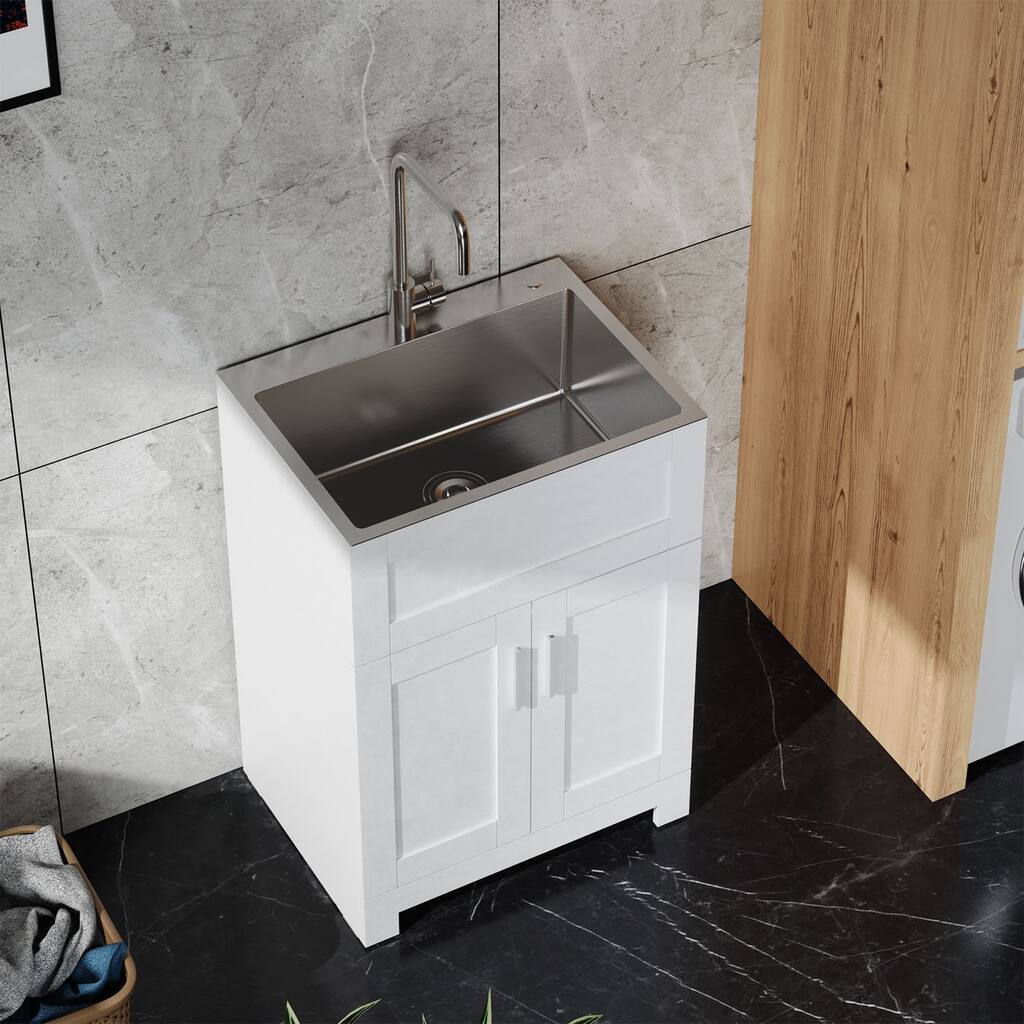 24in White Laundry Cabinet with Faucet and Stainless Steel Sink
