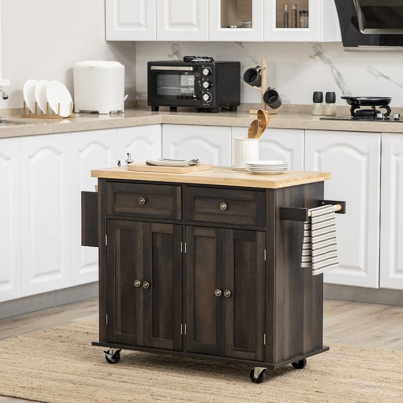 HOMCOM Kitchen Island on Wheels, Rolling Cart with Rubberwood Top, Spice Rack, Towel Rack and Drawers for Dining Room, Brown Oak - Brown - Stationary - Wood