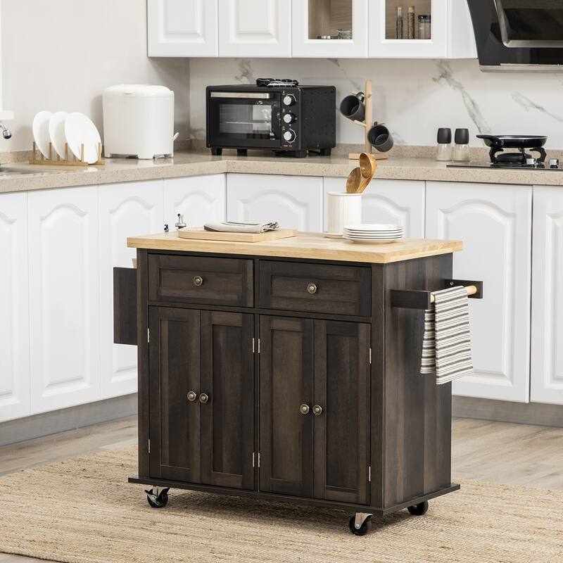 Rolling Cart with Rubberwood Top, Kitchen Island on Wheels with Spice Rack, Towel Rack and Drawers for Dining Room