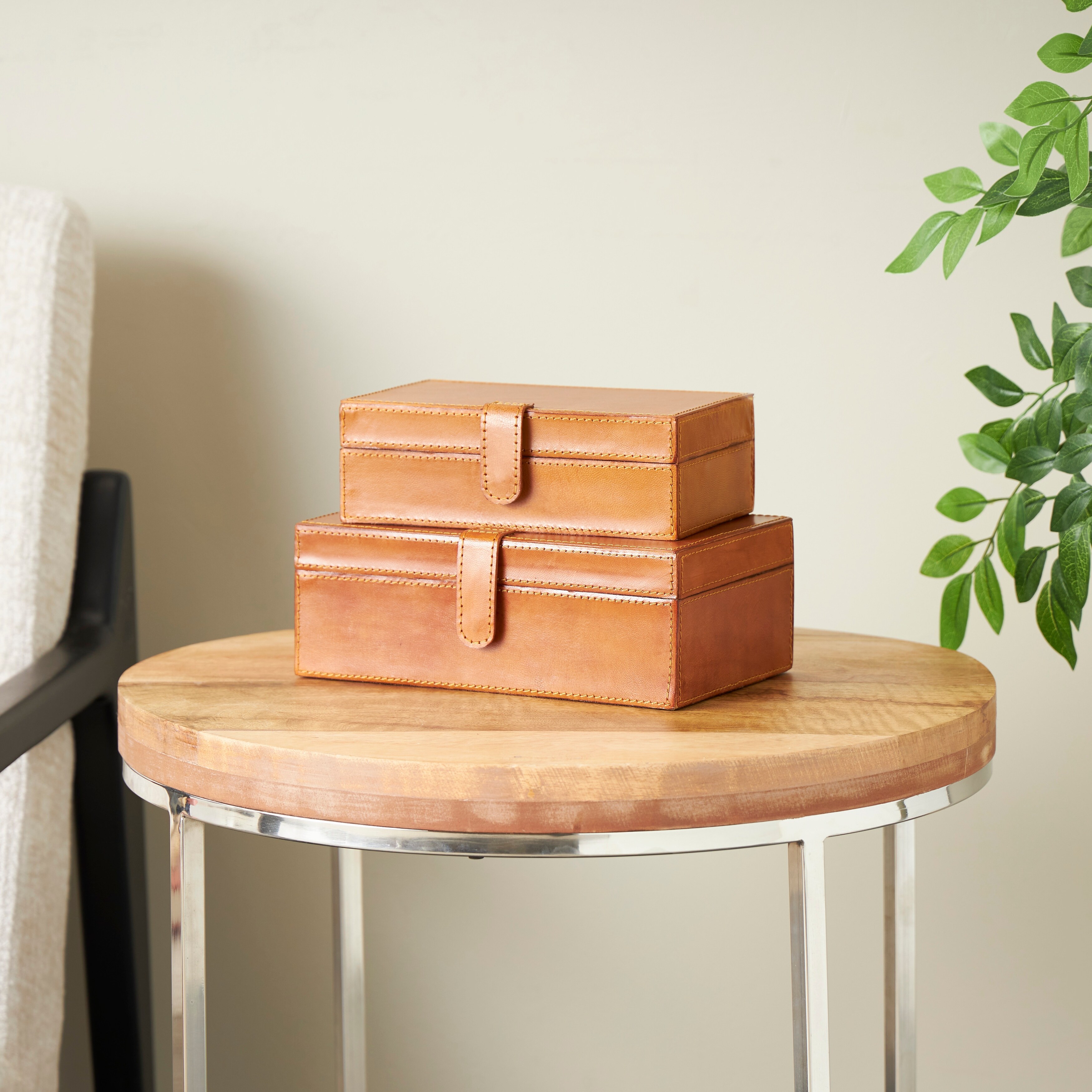 Brown Leather Storage Box with Snap Front Closure and Detailed