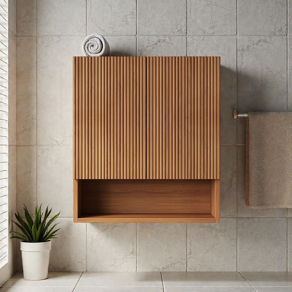 26" Wall-Mounted Striped Bathroom Storage Cabinet with Doors, Shelf & Open Compartment, Over-The-Toilet Organizer