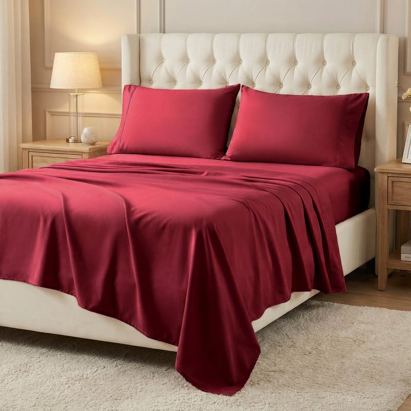 Superior 300 Thread Count Percale Cotton Deep Pocket Bed Sheet Set - Queen - Burgundy
