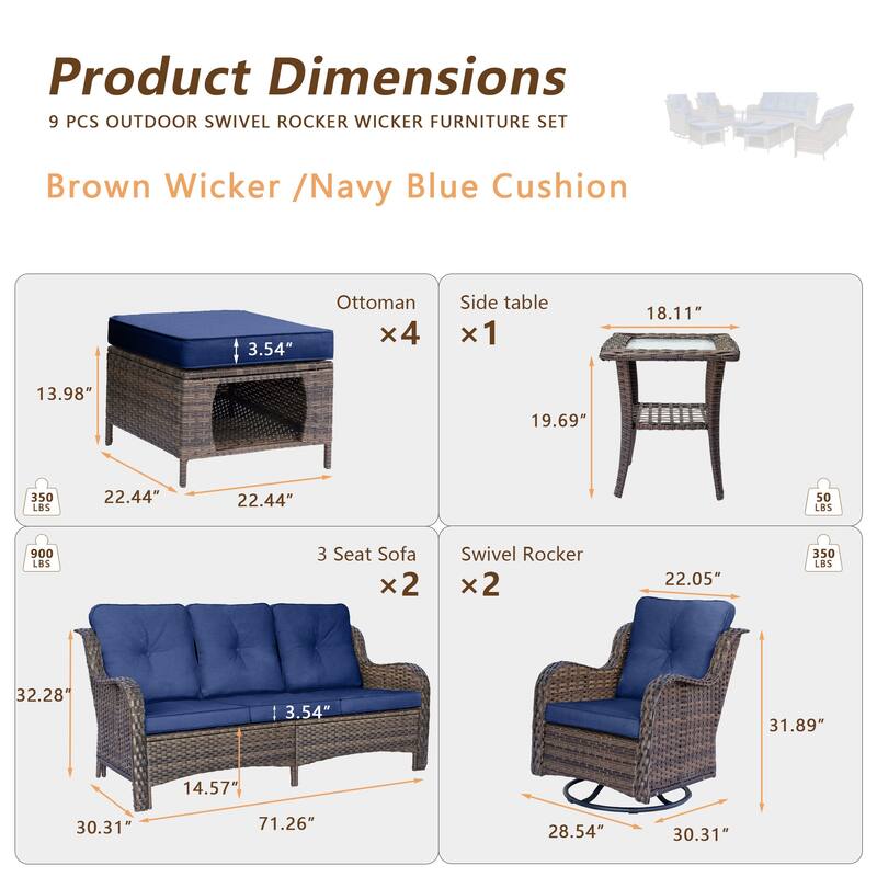 9 Piece Outdoor Wicker Patio Conversation Swivel Chairs Furniture Sets