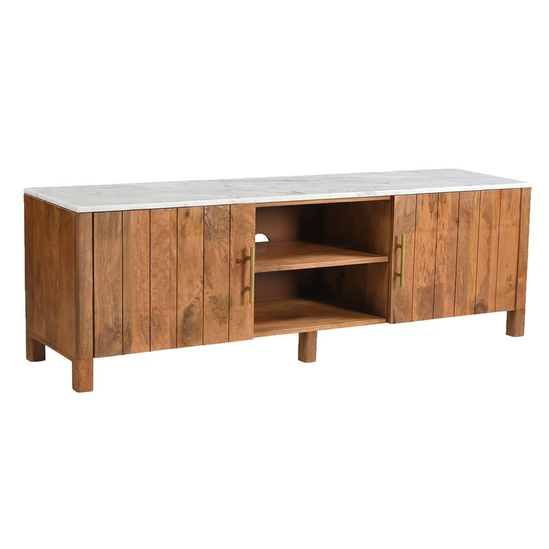 Mid-Century Modern Solid Wood & Marble Media Cabinet - Walnut