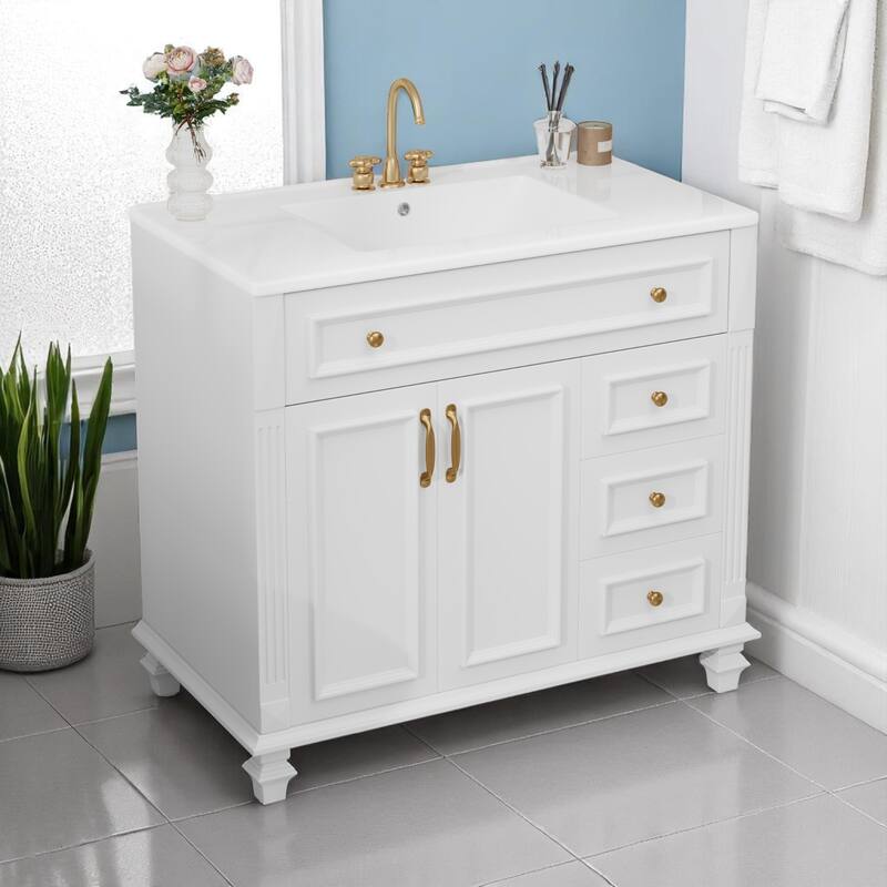 36" Bathroom Vanity with Sink, Freestanding White Cabinet with Gold Hardware, Ceramic Top, Flip Drawer, Soft-Close Doors