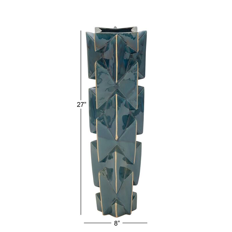 Ceramic Faceted Vase with Gold Accents - Teal - Roche River Decor - 8"W x 8"L x 27"H