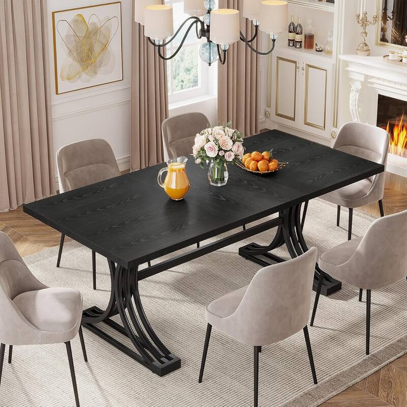 63-Inch Large Rectangular Dining Table, Modern Faux Marble Kitchen Table for Dining Room - Black