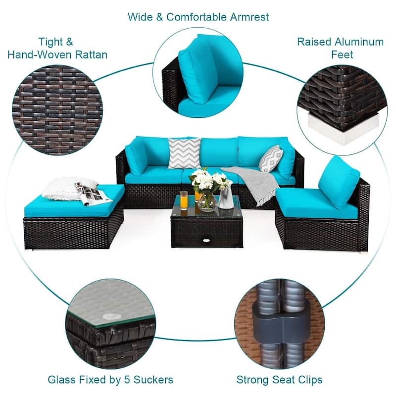 6 Pieces Outdoor Patio Rattan Furniture Set Sofa Ottoman with Coffee Table - 30'' x 30'' x 26''(L x W x H)
