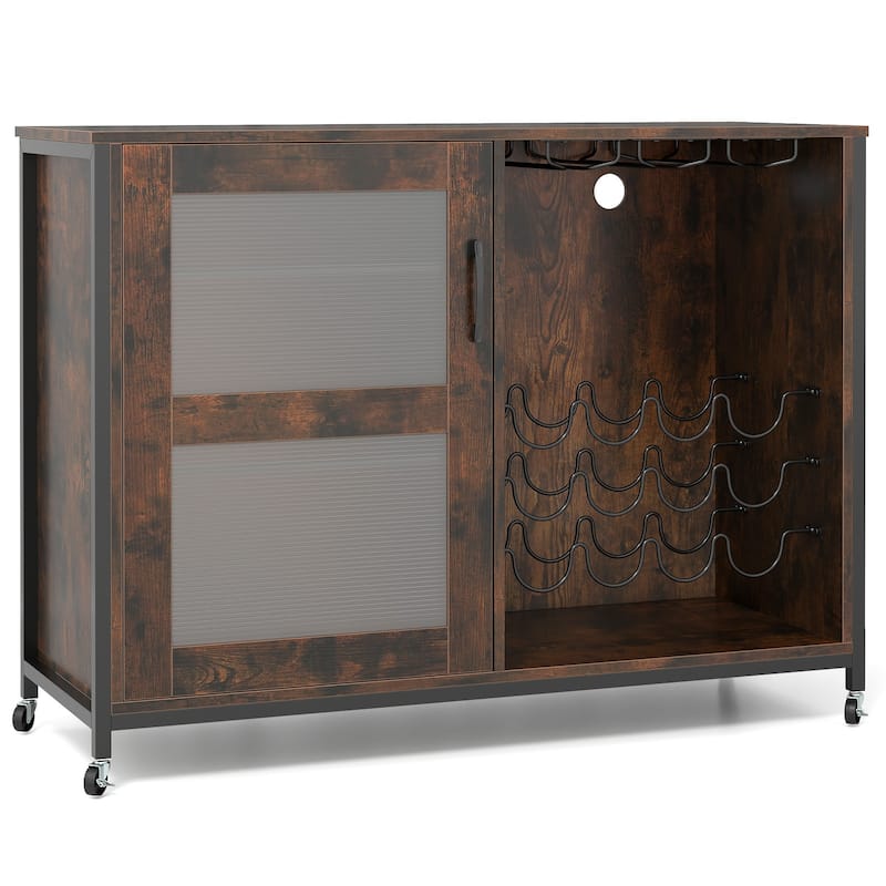 Rustic Brown Mobile Wine Cabinet with LED Lighting, Remote Control Glass Door and Sturdy Metal Frame - 42.5" × 16" × 32"