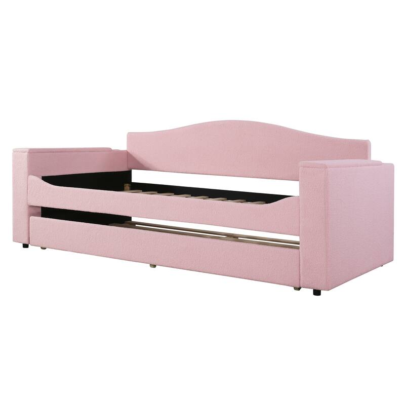 Twin Size Upholstered Daybed with Storage Armrests, Trundle and Latest Integrated Bluetooth Audio System, Teddy Fleece