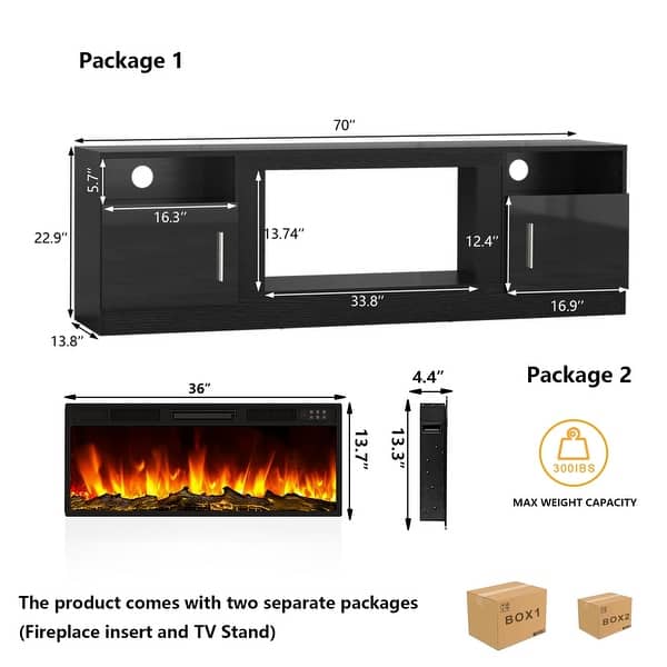 dimension image slide 3 of 6, Bossin 70" Fireplace TV Stand with 36" Electric Fireplace, TV Stand for TVs Up to 80", 20 Colors LED Lights/Entertainment Center