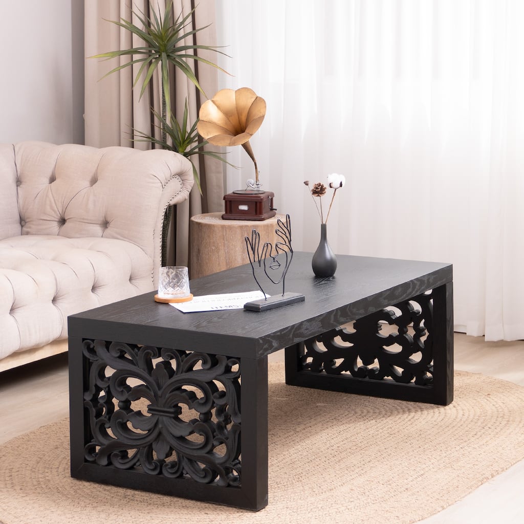 47.2" Solid Black Carved Wood Coffee Table - Handcrafted Look with Ornate Side Panels