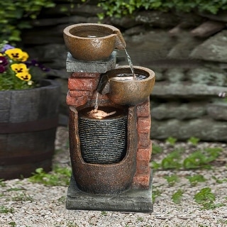 23" H Bowls and Bricks Resin Outdoor Fountain with LED Lights