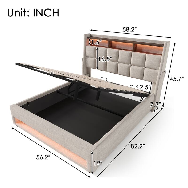 Full Size Upholstered Platform Bed w/ a Hydraulic Storage System, LED