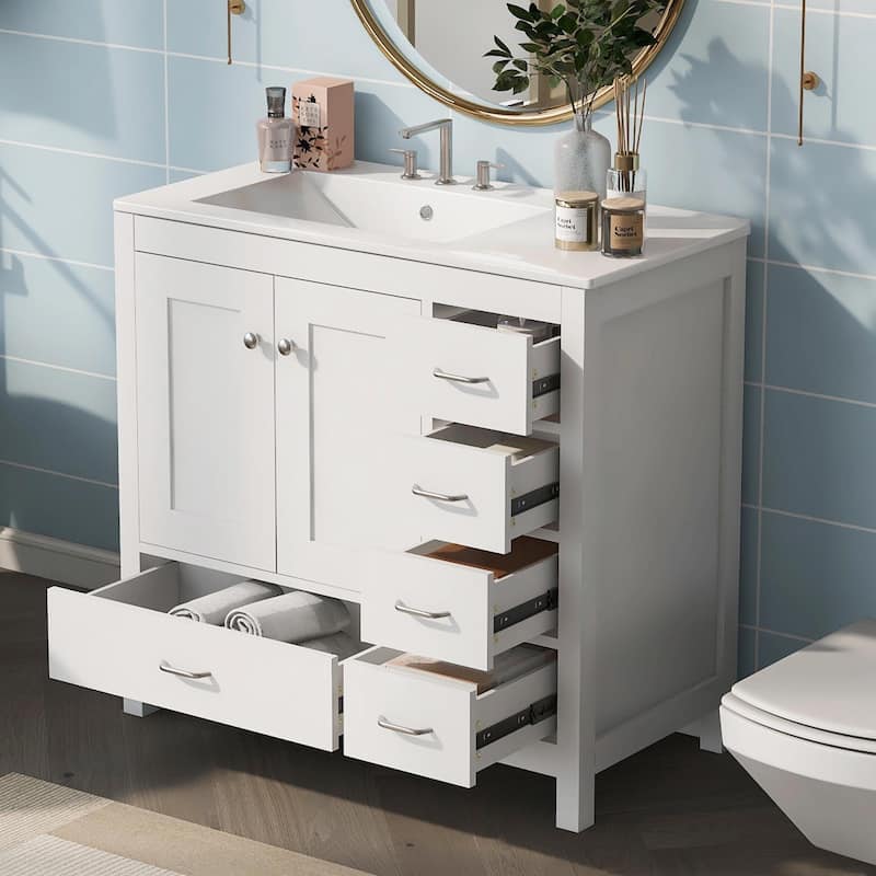 36" White Bathroom Vanity with Ceramic Sink Combo, Ample Storage Cabinet - 2 Soft-Close Doors and 5 Drawers