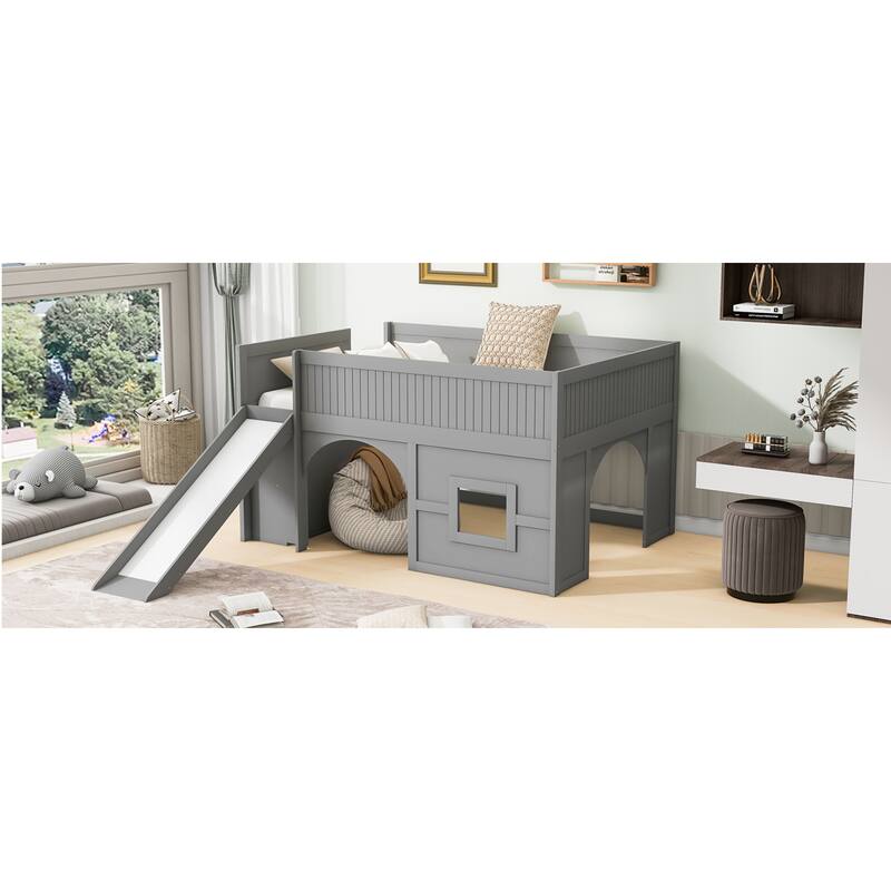 Roomfitters Full Low Loft Bed with Slide, Storage Shelves and Window Design