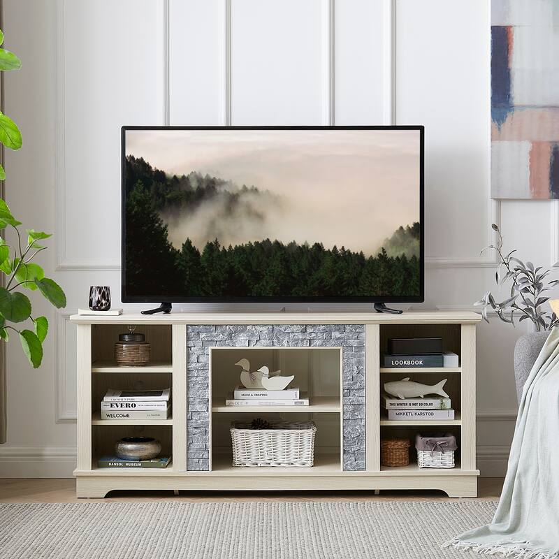 Modern Faux Stacked Stone Surround TV Stand with Open Storage and Adjustable Shelves, for Living Room, White