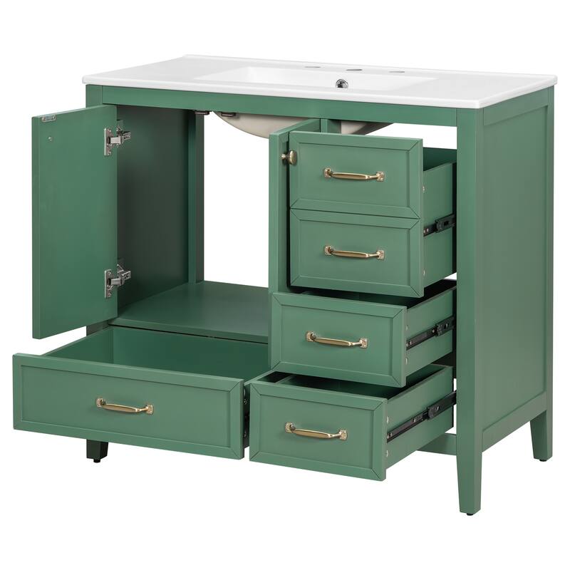 36" Bathroom Vanity with Sink, Bathroom Cabinet with Soft-Closing Door, 4 Drawers of Different Sizes, Solid Wood Frame and Leg