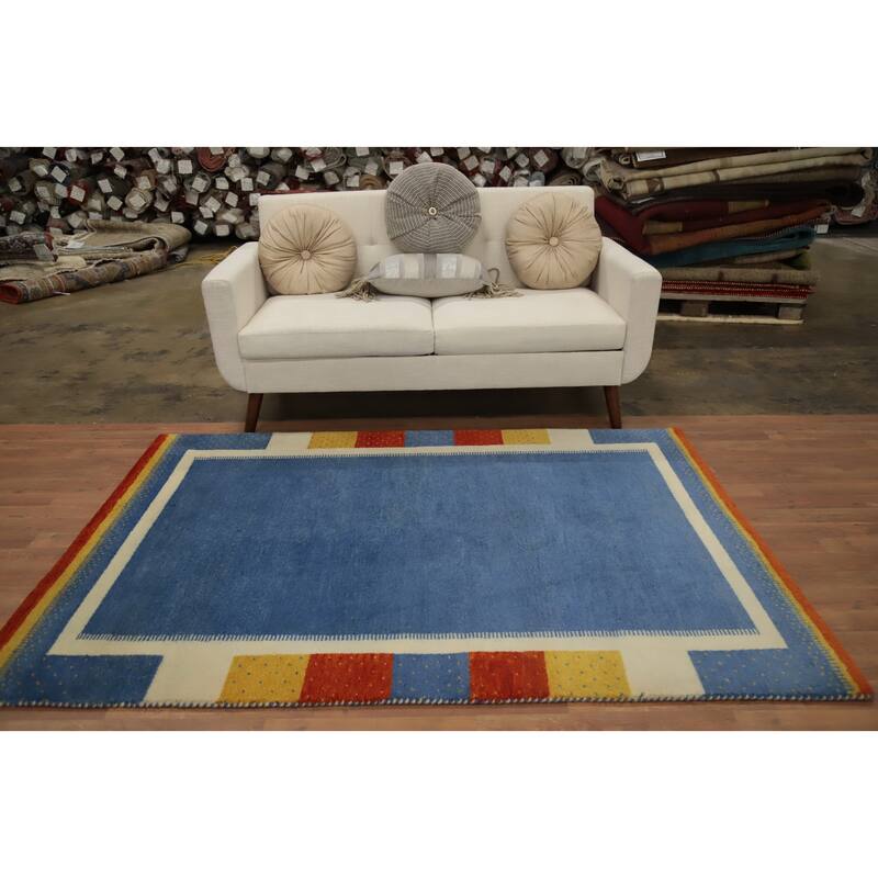 Hand Knotted Oriental 100% Wool Carpet Modern Geometric Navy Blue & Blues Gabbeh Area Rug - 6' 8'' X 4' 7''