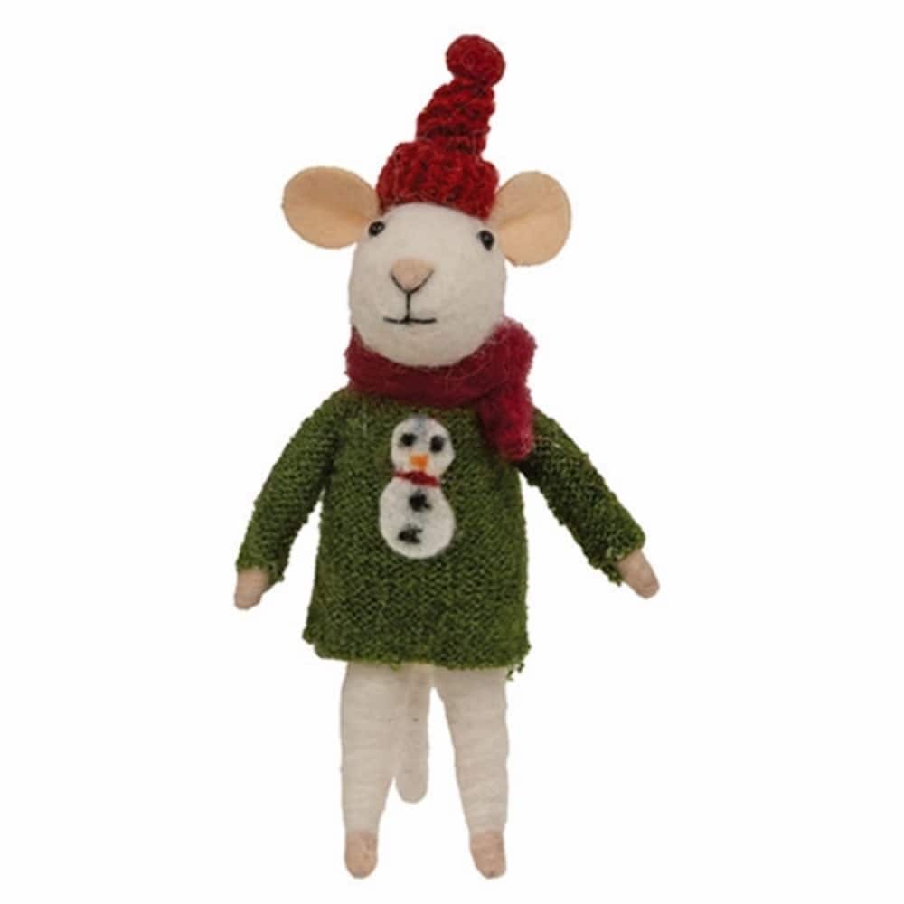 Christmas Snowman Sweater Mouse Felted Ornament - 6.25” high