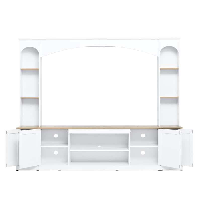 91" Farmhouse Arched Entertainment Center for TVs Up to 70" - Wood Grain TV Stand with Bookshelf & Adjustable Shelves