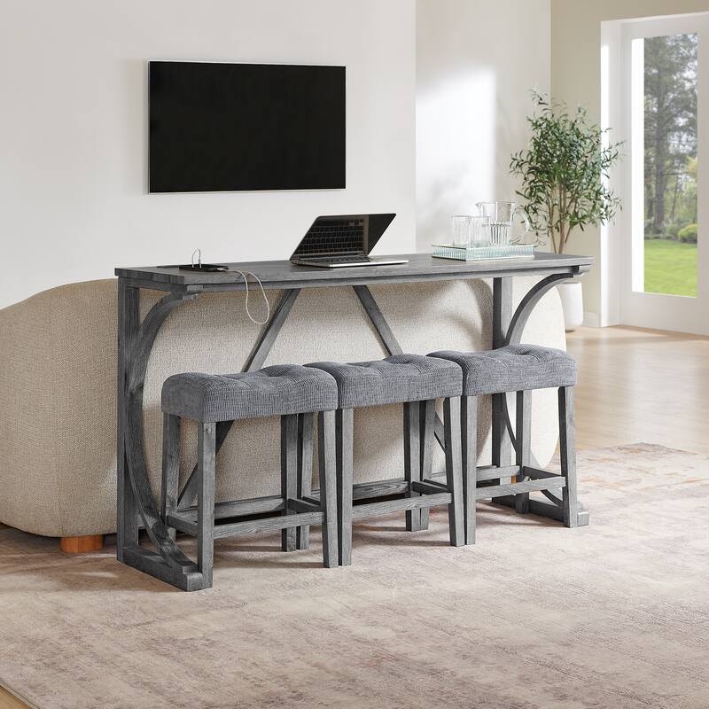 59" Bar Table Set with Power Outlet, Industrial Breakfast Table with 3 Stools, 4 Piece Counter Height Bar Table and Chair Set