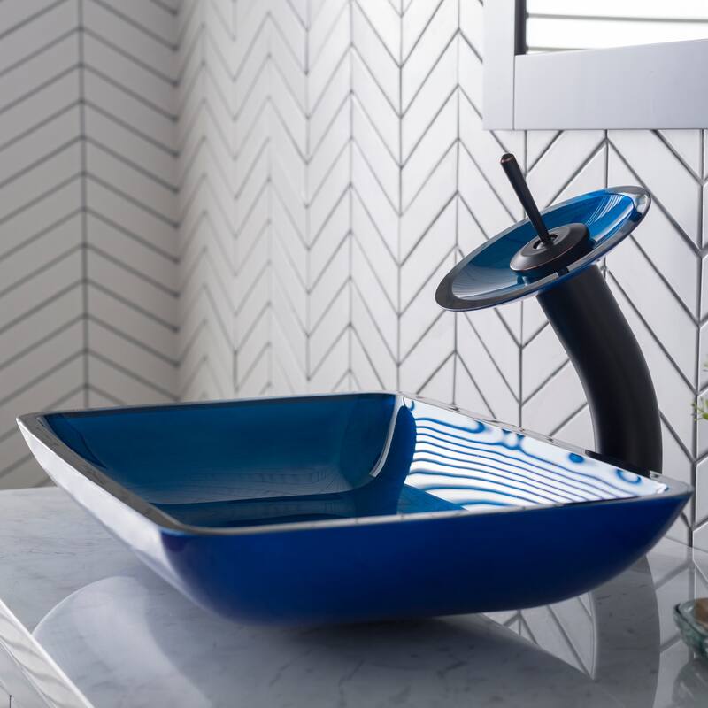 Kraus Bathroom Combo - 21-7/8" Irruption Blue Glass Vessel Bathroom