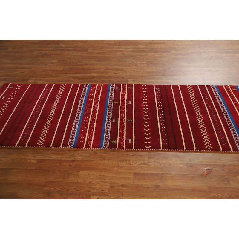 Tribal Red Gabbeh Indian Runner Rug Handmade Wool Carpet - 2'7" x 7'8"