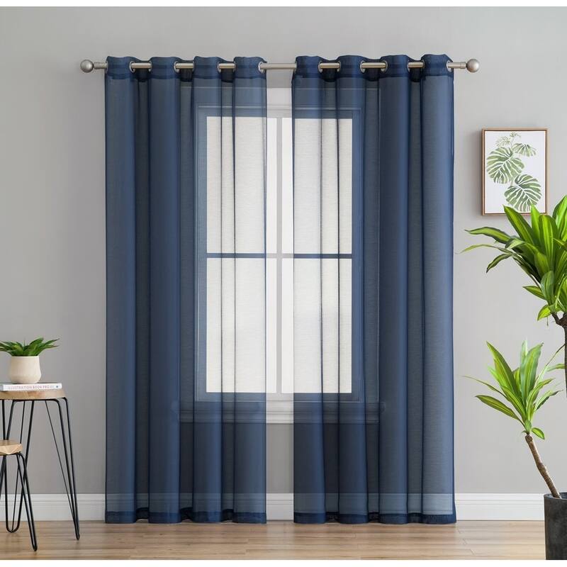 HLC.me 2 Piece Semi Sheer Voile Window Curtain Drapes Grommet Top Panels Bedroom, Living Room - Set of 2 panels - 54 W x 84 L - Navy Blue